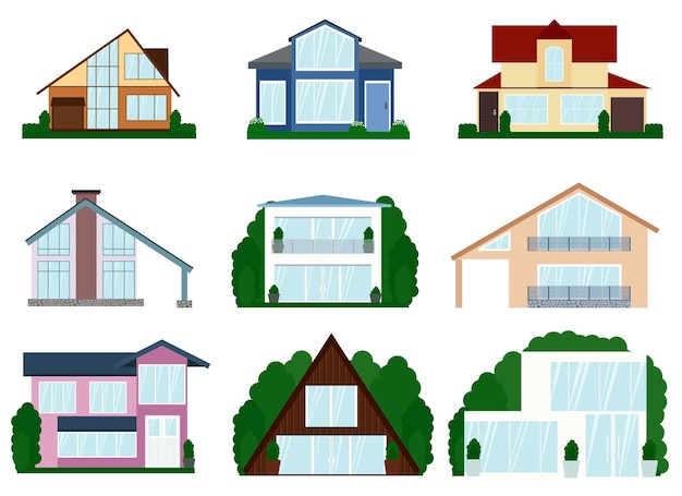 Vectorillustratie van een set van verschillende moderne huizen met twee verdiepingen. alle huizen in een andere stijl