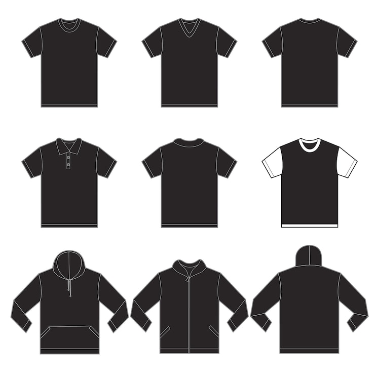 Vector vectorillustratie van een sjabloon voor zwarte shirts in vele variaties voor- en achterontwerp