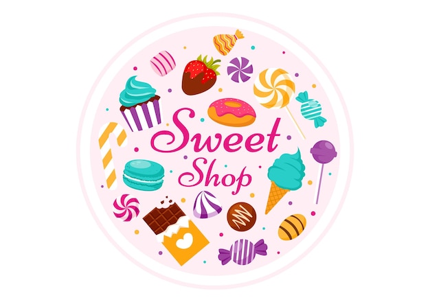 Vectorillustratie van een snoepwinkel met verkoop van verschillende bakkerijproducten Cupcake- of snoepontwerp