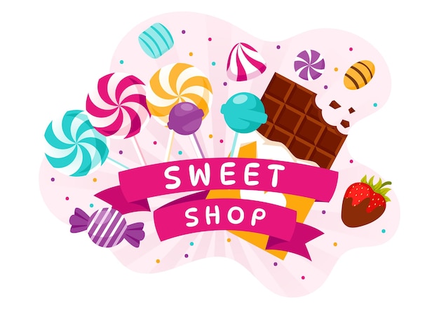 Vectorillustratie van een snoepwinkel met verkoop van verschillende bakkerijproducten Cupcake- of snoepontwerp