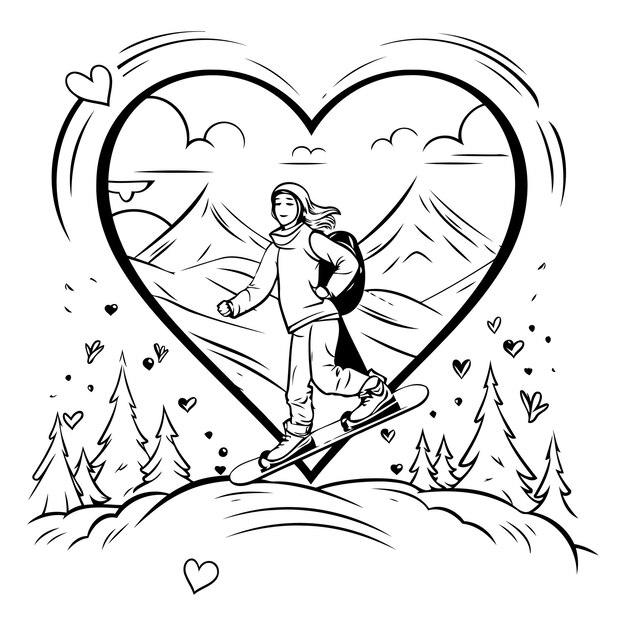 Vectorillustratie van een snowboarder op de achtergrond van het hart