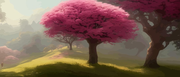 Vector vectorillustratie van een spandoek van een bloeiende rozenboom op een groene lenteweide tegen de