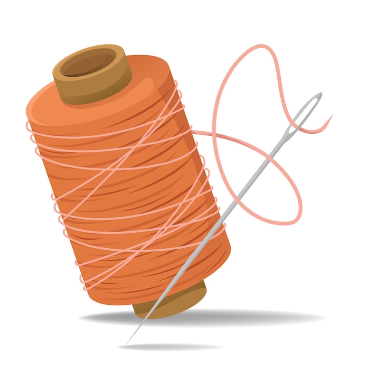 Vector vectorillustratie van een spoel van oranje draad en een naald.