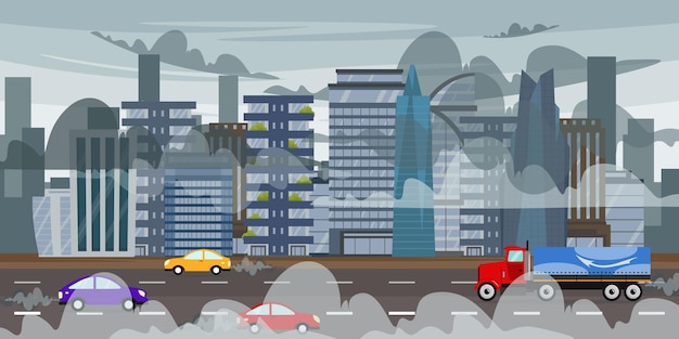 Vectorillustratie van een stadsbeeld met rookvervuilde lucht Cartoon scène van een prachtig stadsbeeld met hoge moderne gebouwen wolkenkrabbers een weg met auto's een vrachtwagen en wolken van dikke rook
