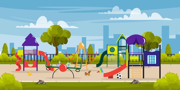 Vectorillustratie van een stadslandschap met een speeltuin Cartoon scène van een speelduin met een glijbaan torens horizontale balken een bal een piramide een paard een eend bomen struiken Kindersportcomplex