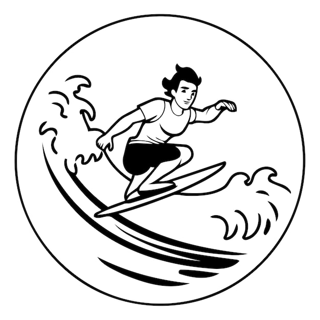 Vectorillustratie van een surfer die op een surfplank op de golven rijdt