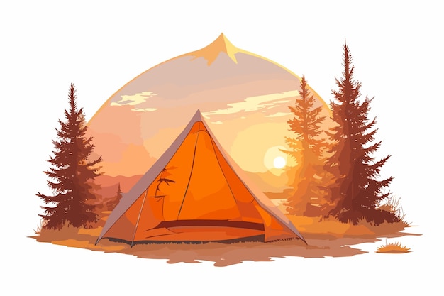 Vectorillustratie van een tent in het bos tegen de achtergrond van bergen en zonsondergang