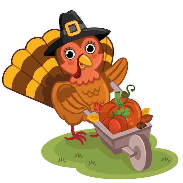 Vector vectorillustratie van een thanksgiving-kalkoen die een pompoen in zijn kruiwagen draagt