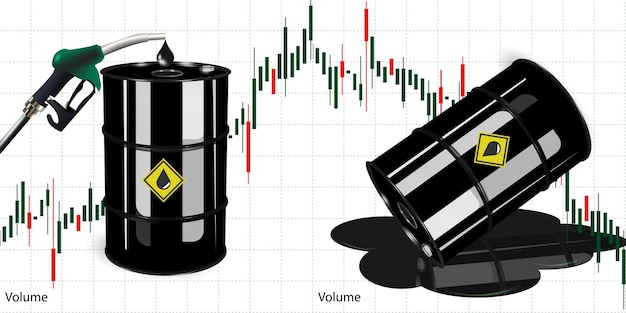 Vectorillustratie van een vat ferro-olie met een financiële grafiek die een toename of afname van het benzineverbruik of de kosten van olie toont