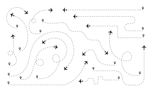 Vectorillustratie van een verzameling vliegtuigroutes met verschillende vormen