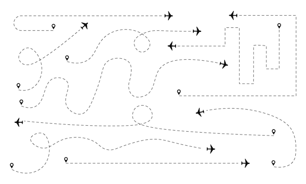 Vectorillustratie van een verzameling vliegtuigroutes met verschillende vormen