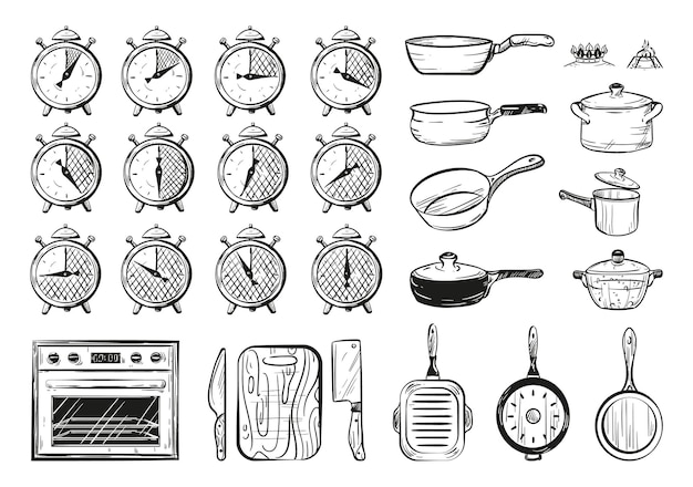 Vector vectorillustratie van een voedselbereidingstijd schets set keukengerei timer 0 5 10 15