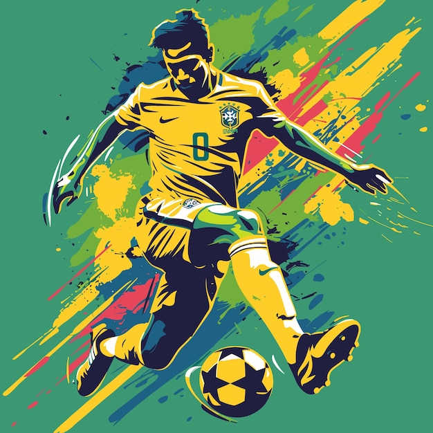 Vectorillustratie van een voetballer met een bal in graffiti-stijl Braziliaanse voetbaluniform Kleur