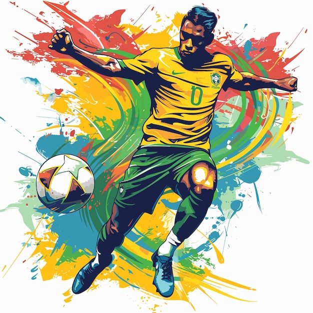 Vector vectorillustratie van een voetballer met een bal in graffiti-stijl braziliaanse voetbaluniform kleur