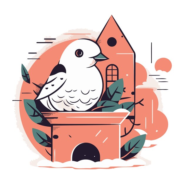 Vector vectorillustratie van een vogel die in een vogelhuis zit op een achtergrond van de natuur