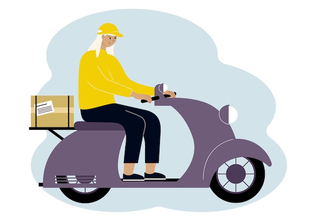 Vectorillustratie van een vrouw bezorger op een scooter met een doos