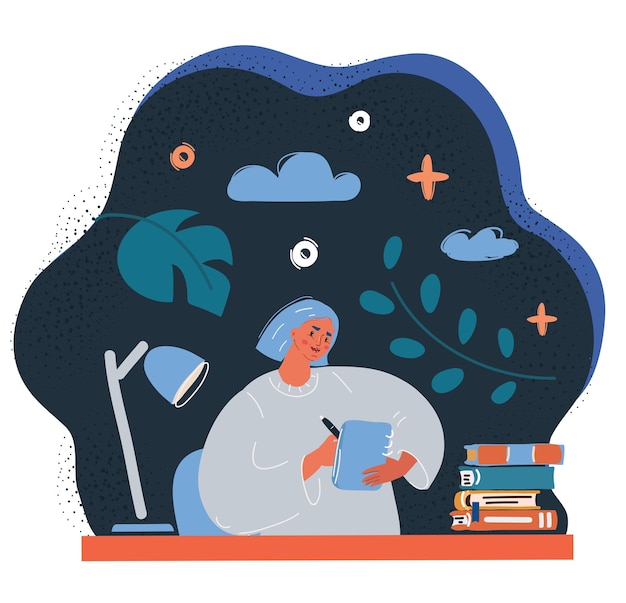 Vectorillustratie van een vrouw die schrijft of tekent op een scatchbook op een donkere achtergrond
