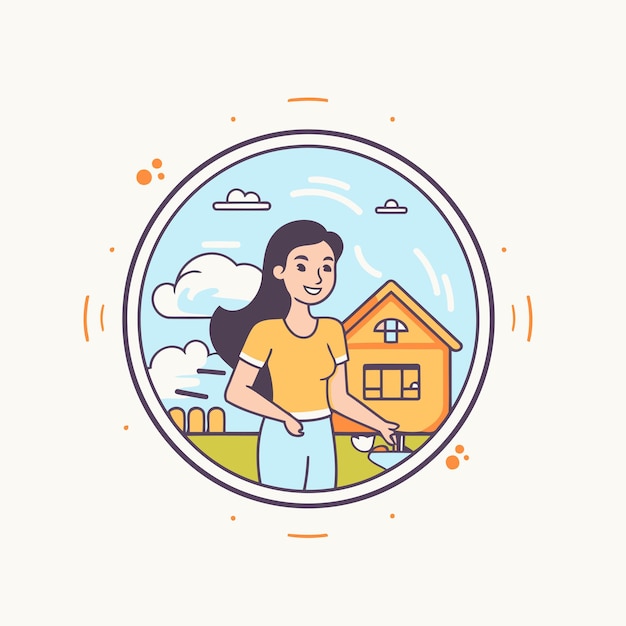 Vectorillustratie van een vrouw die voor een huis in een cirkel staat