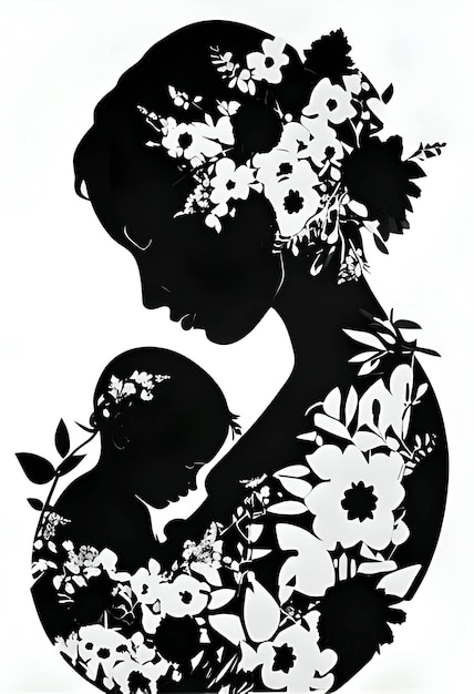 Vectorillustratie van een vrouw en baby in zwart silhouet tegen een schone witte achtergrond