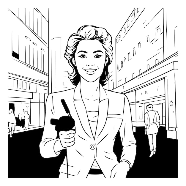 Vector vectorillustratie van een vrouw in een zakelijk pak op straat