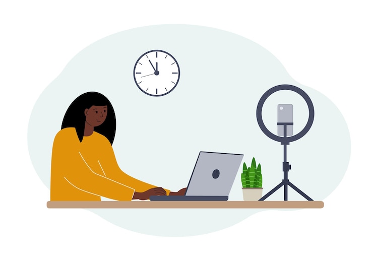 Vector vectorillustratie van een vrouwelijke blogger aan de tafel met een laptop. online filmen van een training of blog