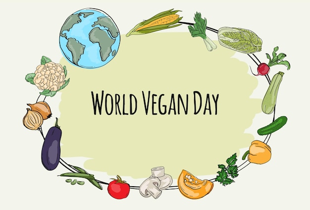 Vector vectorillustratie van een wenskaart voor world vegan day met planeet en diverse groenten