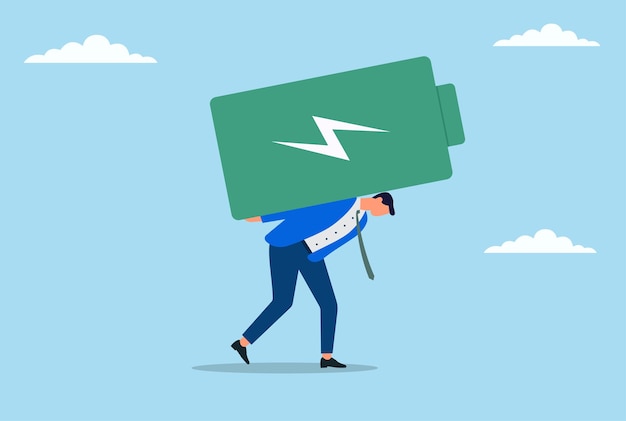Vectorillustratie van een zakenman die worstelt om een enorme batterij op zijn rug te dragen, die burn-out vermoeidheid en de last van het behoud van energie in het professionele leven vertegenwoordigt