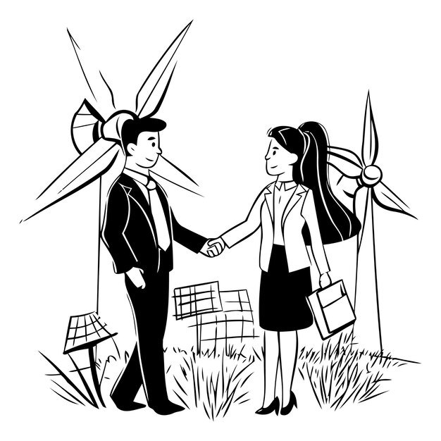 Vectorillustratie van een zakenvrouw en een zakenman die elkaar de hand schudden voor windturbines