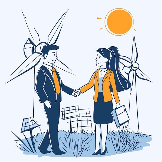 Vectorillustratie van een zakenvrouw en een zakenman die elkaar de hand schudden voor windturbines