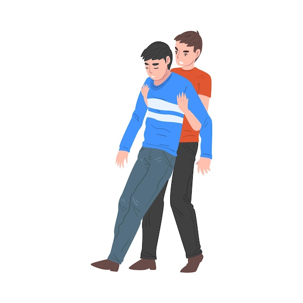 Vectorillustratie van eerste hulp aan een man die een bewusteloze gewonde persoon draagt op een witte achtergrond