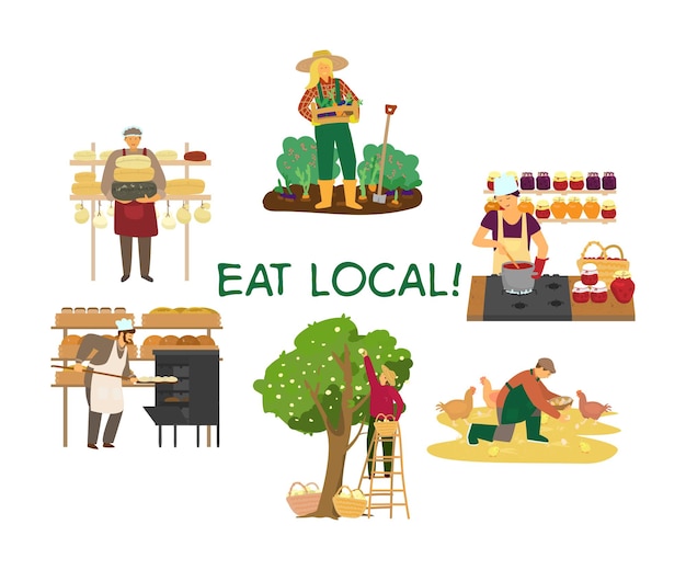 Vectorillustratie van eet lokaal concept met verschillende productmakers. Vrouwenboer met groenten, bakker, kaasmaker, kippenboer, tuinman die appels verzamelt, vrouw die jam maakt.