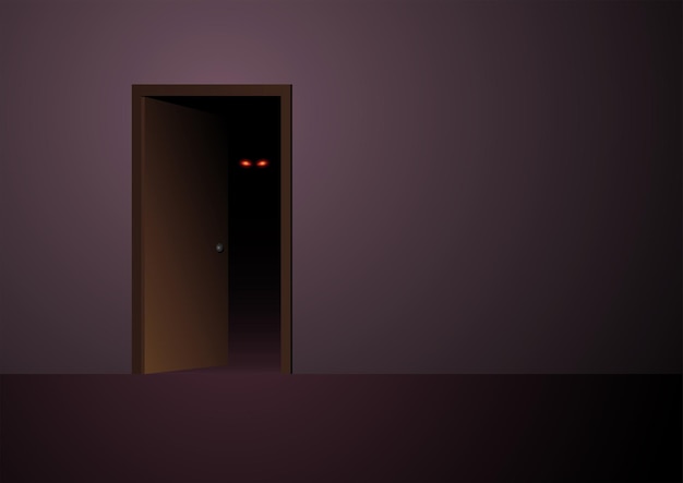 Vectorillustratie van enge boze ogen die op de loer liggen vanuit een donkere kamer, geschikt voor horror of Halloween-thema