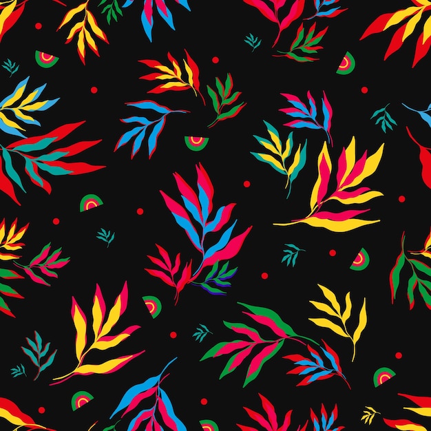 Vectorillustratie van fel veelkleurige bladeren van tropische planten die naadloos patroon op zwarte achtergrond vormen