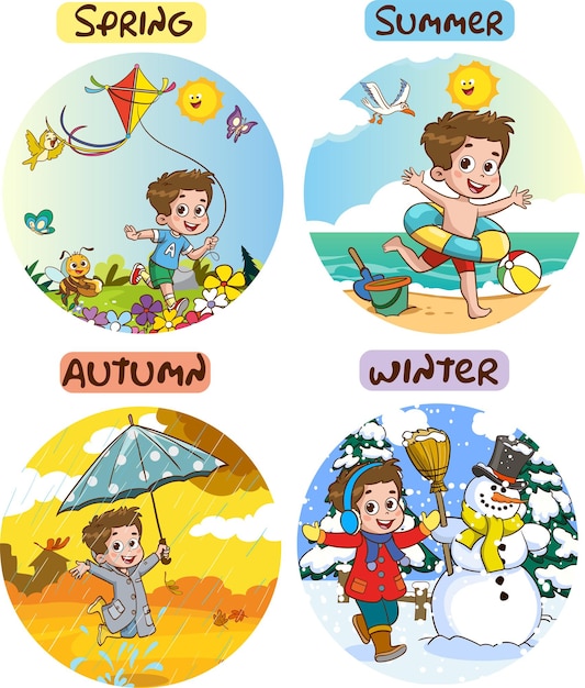 Vectorillustratie van Four Seasons met Cartoon Kid