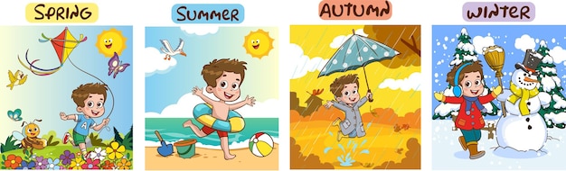 Vectorillustratie van four seasons met cartoon kid