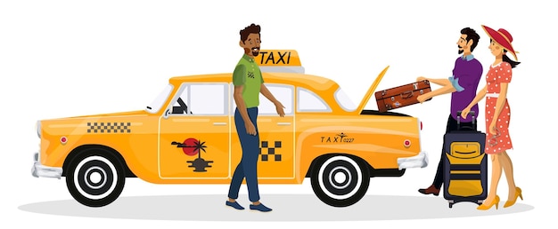 Vector vectorillustratie van gelukkige familie gaan op een retro taxi op vakantie zwarte taxichauffeur helpt een gezin