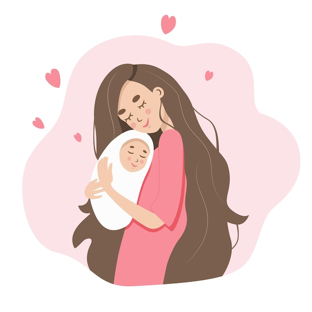 Vectorillustratie van gelukkige moeder met een pasgeboren baby met liefde. Kind en mama samen