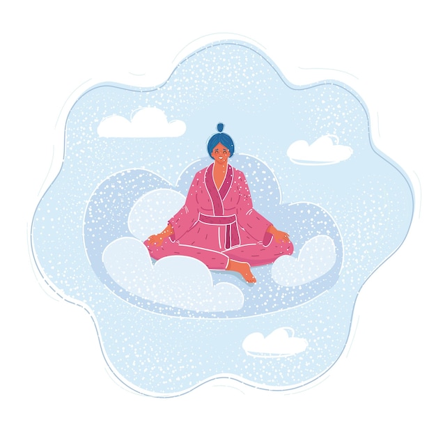 Vectorillustratie van gelukkige vrouw op wolken in de lucht Vrouwelijke karakterslijtage in roze pyjama's