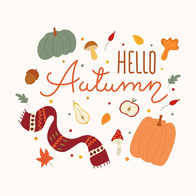Vectorillustratie van gezellige herfst met schattige elementen en belettering Hallo herfst