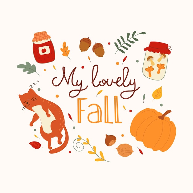 Vectorillustratie van gezellige herfst met schattige elementen en belettering Mijn mooie herfst