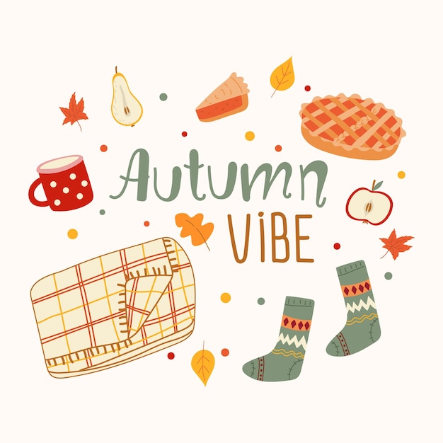 Vectorillustratie van gezellige herfst met schattige seizoenselementen en belettering Autumn vibe
