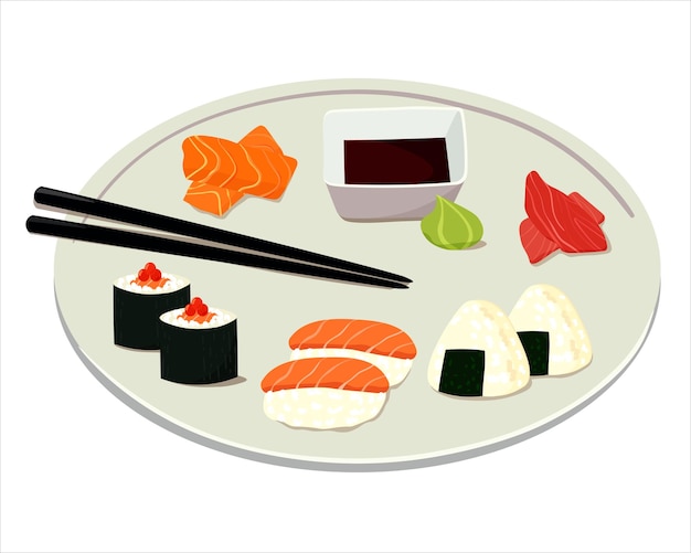 Vectorillustratie van grote keramische plaat met traditionele Japanse gerechten