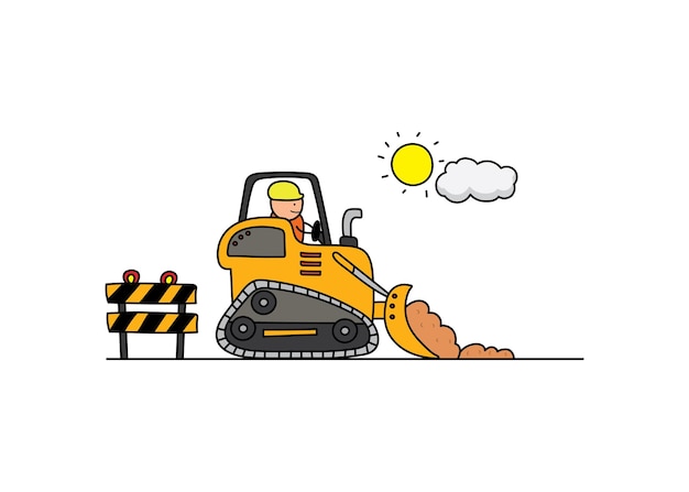 Vector vectorillustratie van hand getrokken kleur kinderen bouwvakker rijden op een bulldozer