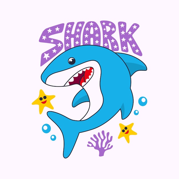 Vectorillustratie van handgetekende cartoonhaai en typografie
