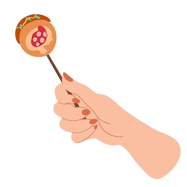 Vectorillustratie van handholding stick takoyaki octopus balls, japanse snack onderweg