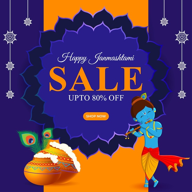 Vectorillustratie van Happy Krishna Janmashtami Sale sociale media feedsjabloon