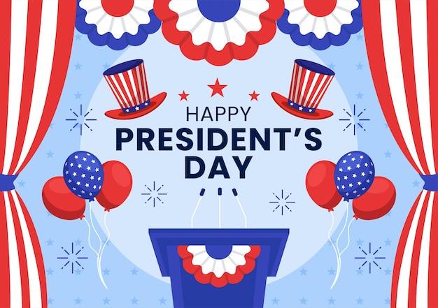 Vectorillustratie van Happy Presidents Day op 19 februari met president Amerika en de Amerikaanse vlag in platte cartoon achtergrondontwerp