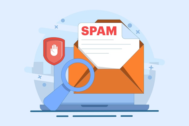 Vectorillustratie van het concept van een spam-postbus of een spam-waarschuwing op een laptop met een envelop en een document