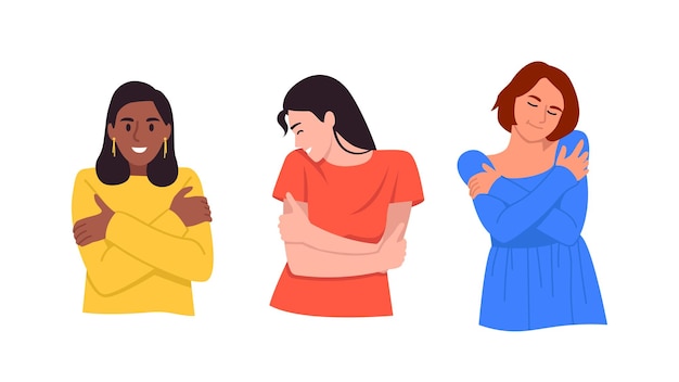Vectorillustratie van het concept van liefde en zelfacceptatie Cartoon scène van een groep gelukkige meisjes die zichzelf knuffelen en liefde en zorg voor zichzelf tonen geïsoleerd op een witte achtergrond