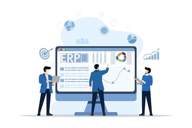 Vectorillustratie van het ERP-concept voor de planning van bedrijfsbronnen voor productiviteit en verbetering
